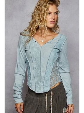 POL Light Blue Lace-Panel V-Neck Long Sleeve Top